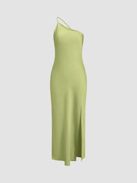 Damen One-Shoulder Satin-Maxikleid mit Schlitz in Grün