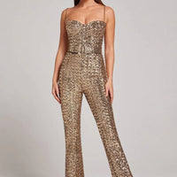 Damen Pailletten Jumpsuit mit Herzausschnitt und weiten Hosenbeinen in Gold