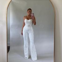 Damen Pailletten Jumpsuit mit Herzausschnitt und weiten Hosenbeinen in Weiß