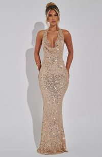 Damen Pailletten Maxikleid mit Halterneck Träger und Tiefem Cowl Ausschnitt in Gold