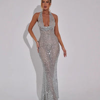 Damen Pailletten Maxikleid mit Halterneck Träger und Tiefem Cowl Ausschnitt in Silber