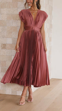 Damen Plissiertes Midikleid mit Tiefem V-Ausschnitt und Taillenband in Rosa