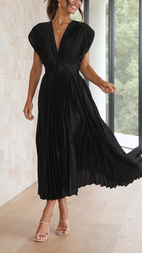 Damen Plissiertes Midikleid mit Tiefem V-Ausschnitt und Taillenband in Schwarz