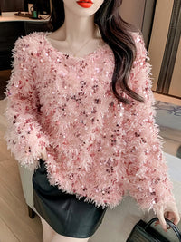 Damen Pullover mit Bootsausschnitt und Fransenoberfläche sowie Paillettenbesatz in Rosa