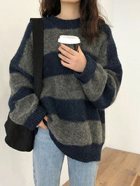 Damen Pullover mit Breiten Streifen Rundhals Langen Ärmeln und Rippbündchen in Grau
