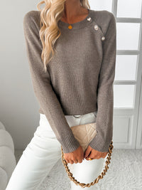 Damen Pullover mit Rundausschnitt Schulterknöpfen Langen Ärmeln und Rippstrickstruktur in Taupe