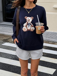 Damen Pullover mit Rundhalsausschnitt langen Ärmeln und Bärchen Intarsiamotiv in Marineblau
