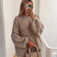Damen Pullover mit Rundhalsausschnitt und Ballonärmeln in Beige