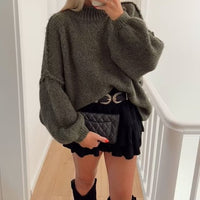 Damen Pullover mit Rundhalsausschnitt und Ballonärmeln in Grün