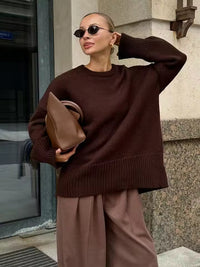 Damen Pullover mit Rundhalsausschnitt und elastischen Bündchen in Braun
