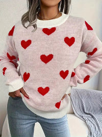 Damen Pullover mit Rundhalsausschnitt und Herzmuster in Weiß
