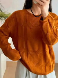 Damen Pullover mit Rundhalsausschnitt vertikalem Zopfmuster langen Ärmeln und gerippten Bündchen in Orange