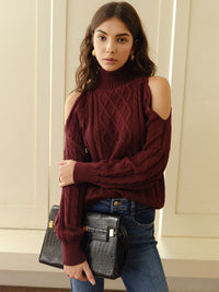 Damen Pullover mit Schulterausschnitten und Zopfmuster in Bordeauxrot