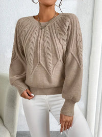 Damen Pullover mit Zopfmuster und Rundhalsausschnitt in Khaki