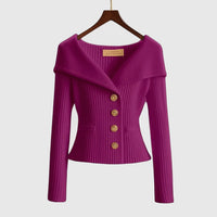 Damen-Rippstrick-Cardigan mit Off-Shoulder-Kragen und Zierknöpfen in Lila