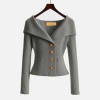 Damen-Rippstrick-Cardigan mit Off-Shoulder-Kragen und Zierknöpfen in Grau