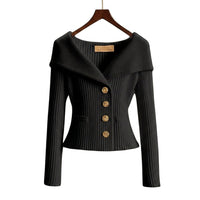Damen-Rippstrick-Cardigan mit Off-Shoulder-Kragen und Zierknöpfen in Schwarz