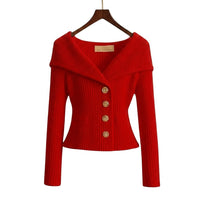 Damen-Rippstrick-Cardigan mit Off-Shoulder-Kragen und Zierknöpfen in Rot