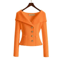 Damen-Rippstrick-Cardigan mit Off-Shoulder-Kragen und Zierknöpfen in Orange