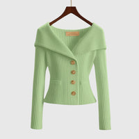 Damen-Rippstrick-Cardigan mit Off-Shoulder-Kragen und Zierknöpfen in Grün