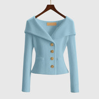 Damen-Rippstrick-Cardigan mit Off-Shoulder-Kragen und Zierknöpfen in Blau
