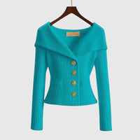 Damen-Rippstrick-Cardigan mit Off-Shoulder-Kragen und Zierknöpfen in Himmelblau