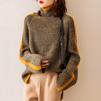 Damen Rollkragenpullover mit Kontraststreifen Melange-Strick und weiten Bündchen in Braun mit Orange