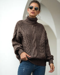 Damen Rollkragenpullover mit Zopfmuster langen Ärmeln und strukturierter Oberfläche in Braun