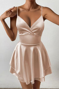 Amelie | Damen Satin Cocktailkleid Wickel-V-Ausschnitt Offener Rücken Mini in Aprikose