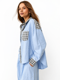 Damen Schlafanzug-Set mit Knopfhemd und elastischer Bundhose in Blau