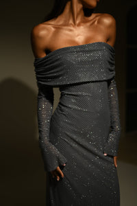 Damen Schulterfreies Glitzer-Maxikleid mit langen Ärmeln in Grau