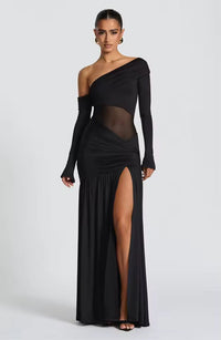 Damen Schulterfreies Maxikleid mit langen Ärmeln und seitlichem Schlitz mit durchsichtigem Einsatz in Schwarz