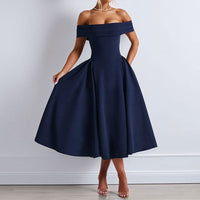 Damen Schulterfreies Midikleid mit gefaltetem Halsausschnitt und ausgestelltem Rock in Marine