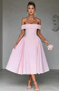 Damen Schulterfreies Midikleid mit gefaltetem Halsausschnitt und ausgestelltem Rock in Rosa