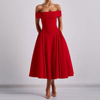 Damen Schulterfreies Midikleid mit gefaltetem Halsausschnitt und ausgestelltem Rock in Rot