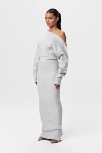Damen Schulterfreies Strickkleid mit Asymmetrischem Ausschnitt Langen Ärmeln und Maxilänge in Grau