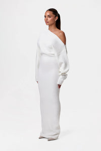 Damen Schulterfreies Strickkleid mit Asymmetrischem Ausschnitt Langen Ärmeln und Maxilänge in Weiß