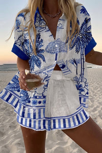 Damen-Set aus bedrucktem Kurzarmhemd und Shorts in Blau