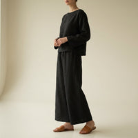 Damen-Set aus Leinen mit weitem Bein in Schwarz