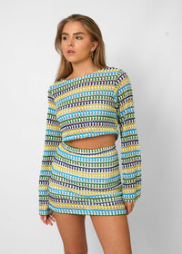 Damen Set für Frauen mit Mehrfarbigem Muster Crop-Top langen Ärmeln und Mini-Rock in Blau