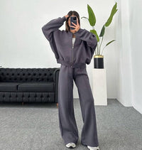 Damen Set Jogginganzug mit Reißverschluss Oberteil und Elastischer Hose und Kordelzug in Grau