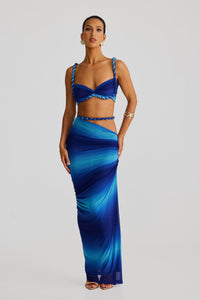 Damen Set mit Bustier-Oberteil und Maxirock mit geflochtenen Trägern und seitlicher Raffung in Blau