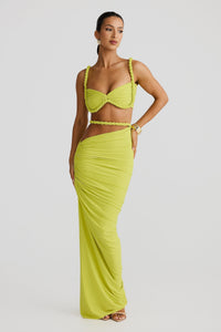 Damen Set mit Bustier-Oberteil und Maxirock mit geflochtenen Trägern und seitlicher Raffung in Grün