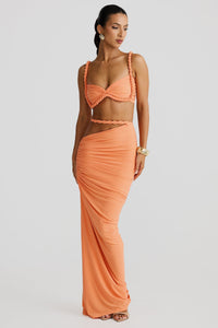 Damen Set mit Bustier-Oberteil und Maxirock mit geflochtenen Trägern und seitlicher Raffung in Orange