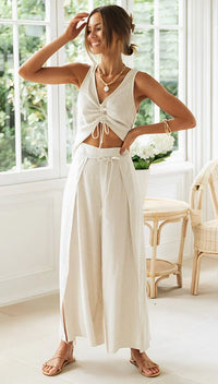 Damen Set mit Crop-Top und Hose mit Seitenschlitzen in Aprikose