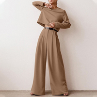 Damen Set mit Langarmshirt und Hose in Braun
