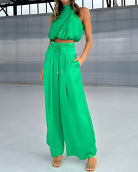 Damen Set mit Neckholder-Top und Hose in Grün