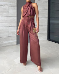 Damen Set mit Neckholder-Top und Hose in Kastanienbraun