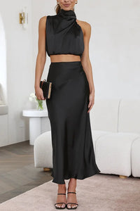 Damen Set mit Neckholder-Top und Midirock in Schwarz