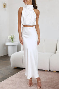 Damen Set mit Neckholder-Top und Midirock in Weiß